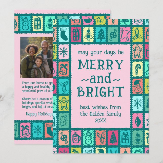 Cartes Pour Fêtes Annuelles Whimsical Christmas Grid Cute Custom 2 PHOTO  (Devant / Derrière)