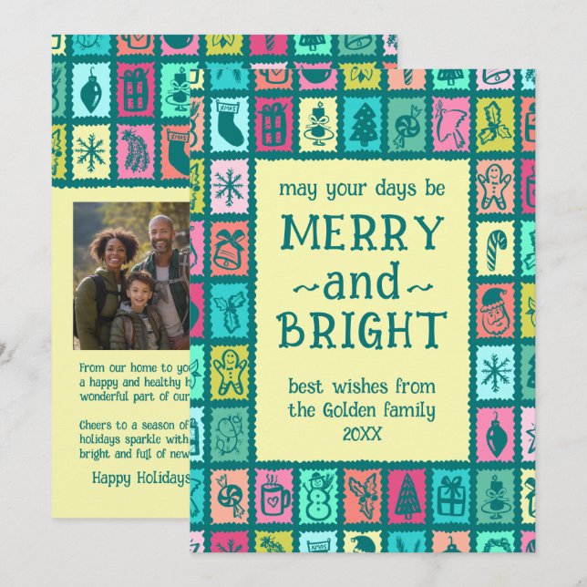 Cartes Pour Fêtes Annuelles Whimsical Christmas Grid Cute Custom 2 PHOTO  (Devant / Derrière)