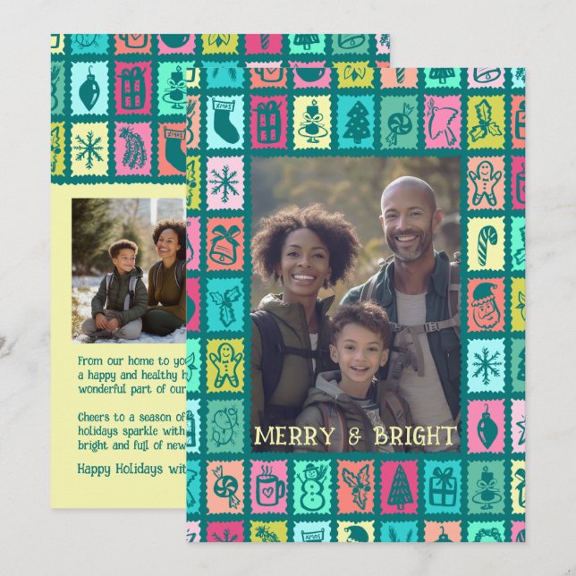 Cartes Pour Fêtes Annuelles Whimsical Christmas Grid Cute Custom 3 PHOTO  (Devant / Derrière)