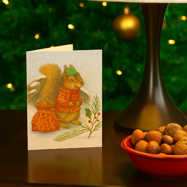 Cartes Pour Fêtes Annuelles Whimsical Christmas Squirrel Wildlife  (Whimsical squirrel Christmas card with pencil-style illustration, woodland charm, and holiday cheer.)