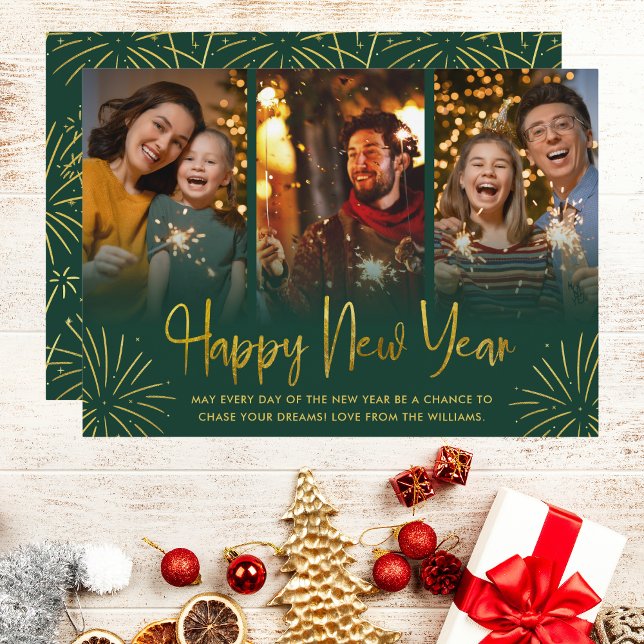 Cartes Pour Fêtes Annuelles Whimsical Gold Fireworks Happy New Year Photo (Créateur téléchargé)