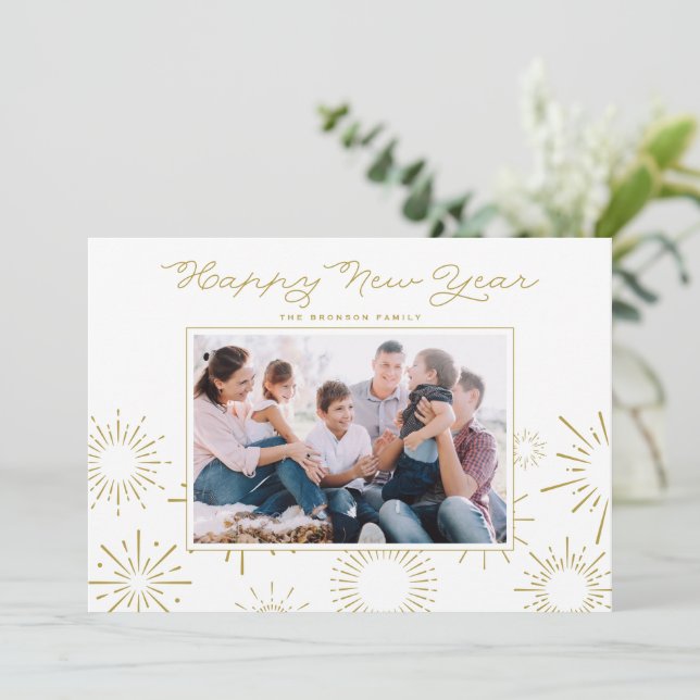Cartes Pour Fêtes Annuelles Whimsical Gold Fireworks Happy New Year Photo (Debout devant)