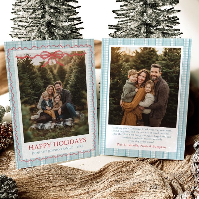 Cartes Pour Fêtes Annuelles Whimsical Grandmillenial Blue Bow Family Photo (Whimsical Grandmillenial Blue Bow Family Photo Holiday Card)