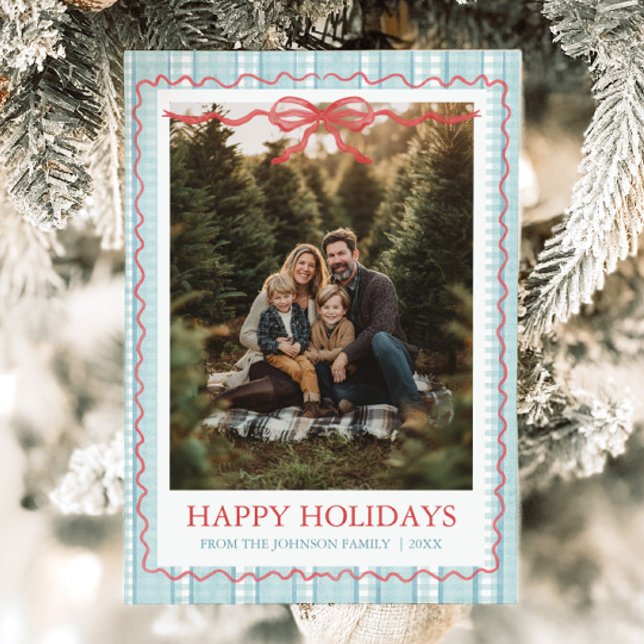 Cartes Pour Fêtes Annuelles Whimsical Grandmillenial Blue Bow Family Photo (Whimsical Grandmillenial Blue Bow Family Photo Holiday Card)