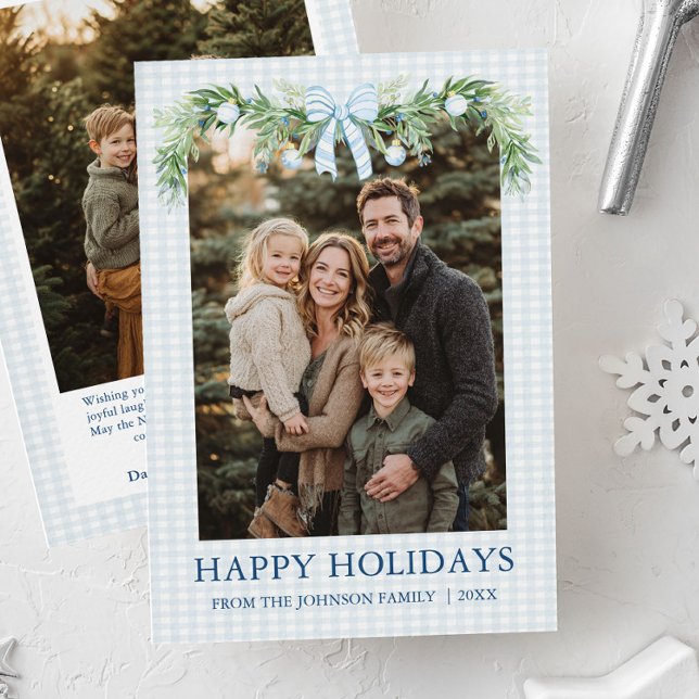 Cartes Pour Fêtes Annuelles Whimsical Grandmillenial Blue Bow Family Photo (Whimsical Grandmillenial Blue Bow Family Photo Holiday Card)