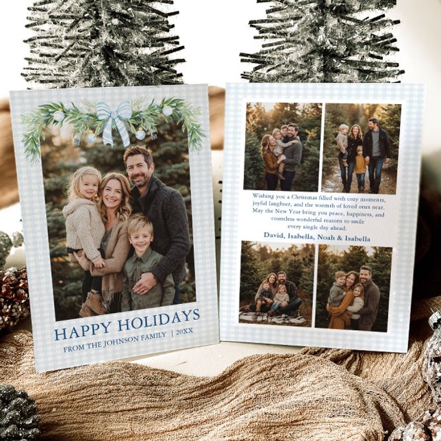 Cartes Pour Fêtes Annuelles Whimsical Grandmillenial Blue Bow Family Photo (Whimsical Grandmillenial Blue Bow Family Photo Holiday Card)