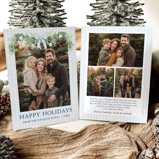 Cartes Pour Fêtes Annuelles Whimsical Grandmillenial Blue Bow Family Photo (Whimsical Grandmillenial Blue Bow Family Photo Holiday Card)