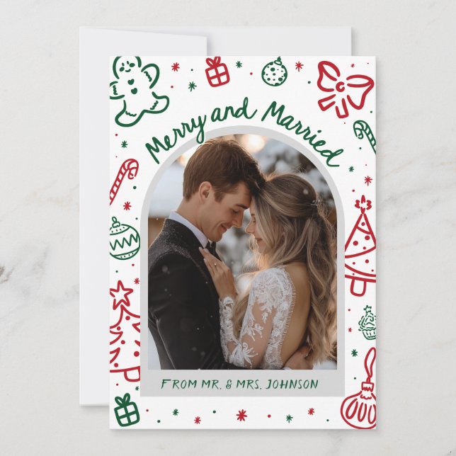 Cartes Pour Fêtes Annuelles Whimsical Hand Drawn Arch Photo Married and Merry (Devant)