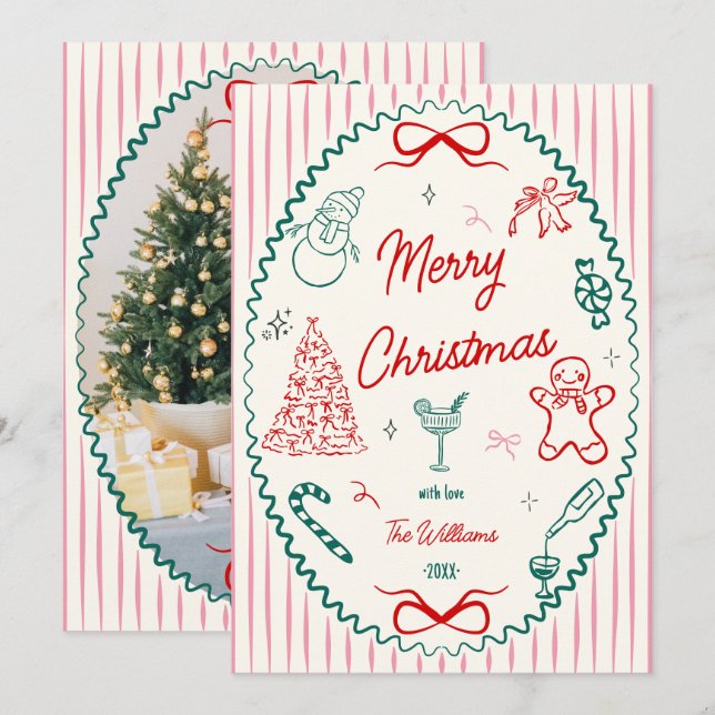 Cartes Pour Fêtes Annuelles Whimsical Hand Drawn Doodles Christmas Photo  (Devant / Derrière)