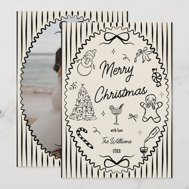 Cartes Pour Fêtes Annuelles Whimsical Hand Drawn Doodles Christmas Photo  (Devant / Derrière)