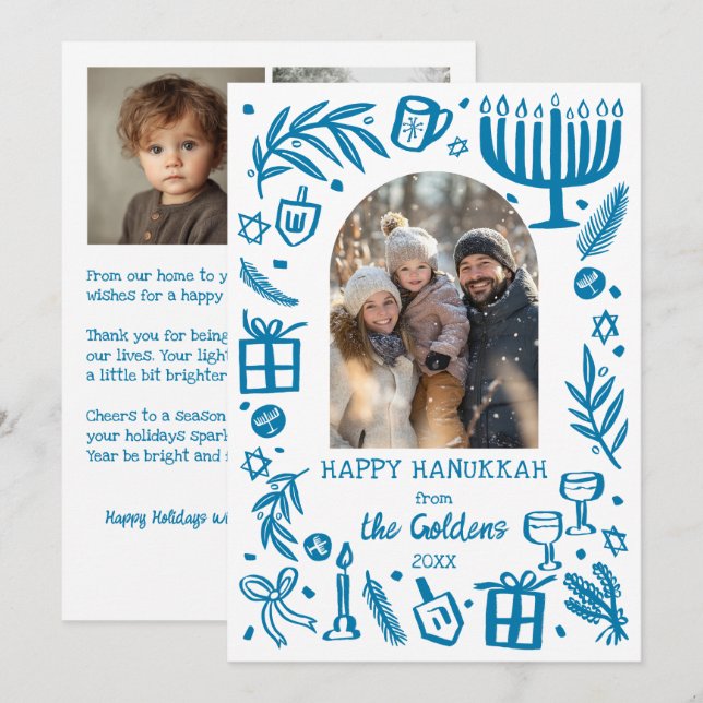 Cartes Pour Fêtes Annuelles Whimsical Hanukkah Cute Custom Arch 3 PHOTO  (Devant / Derrière)