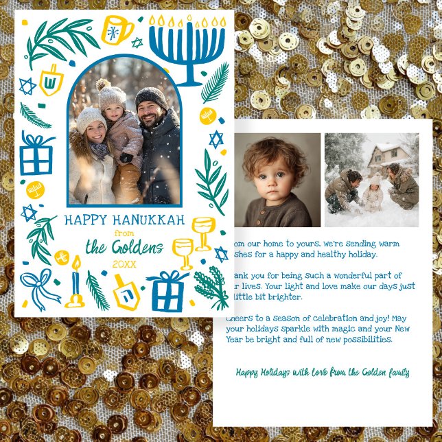 Cartes Pour Fêtes Annuelles Whimsical Hanukkah Cute Custom Arch 3 PHOTO  (Whimsical Happy Hanukkah Cute Doodles Custom Arch 3 PHOTO Hand-drawn Holiday Card
)