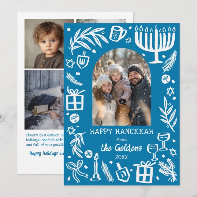 Cartes Pour Fêtes Annuelles Whimsical Hanukkah Cute Custom Arch 4 PHOTO  (Devant / Derrière)