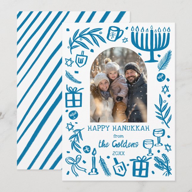 Cartes Pour Fêtes Annuelles Whimsical Hanukkah Cute Custom Arch PHOTO  (Devant / Derrière)