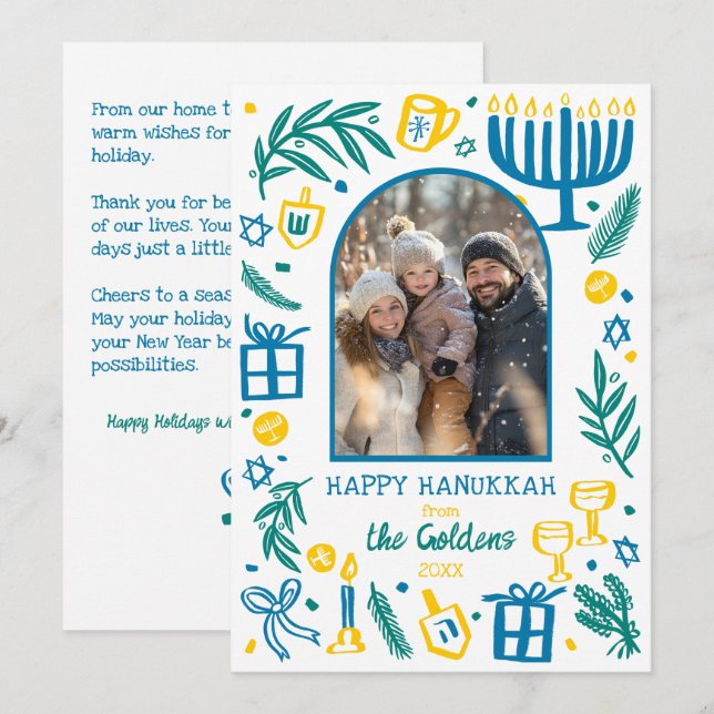 Cartes Pour Fêtes Annuelles Whimsical Hanukkah Cute Custom Arch PHOTO  (Devant / Derrière)