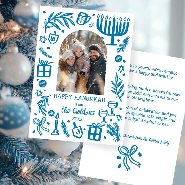 Cartes Pour Fêtes Annuelles Whimsical Hanukkah Cute Custom Arch PHOTO  (Whimsical Hanukkah Cute Doodle Hand-drawn Custom Arched PHOTO Holiday Card
)
