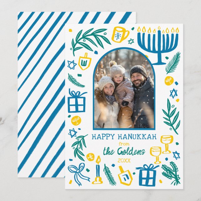 Cartes Pour Fêtes Annuelles Whimsical Hanukkah Cute Custom Arch PHOTO  (Devant / Derrière)