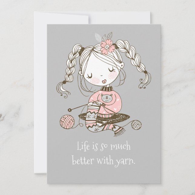 Cartes Pour Fêtes Annuelles Whimsical Knitter Life is Better Grey Card (Devant)