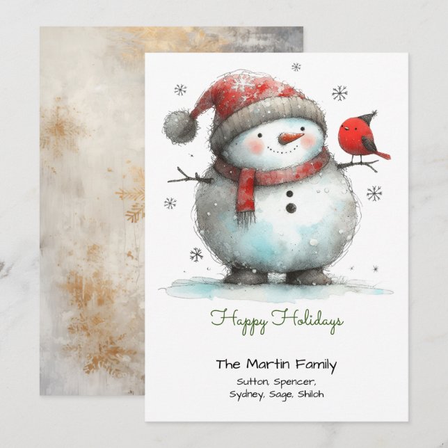 Cartes Pour Fêtes Annuelles Whimsical mignon Snowman et Red Bird Happy (Devant / Derrière)