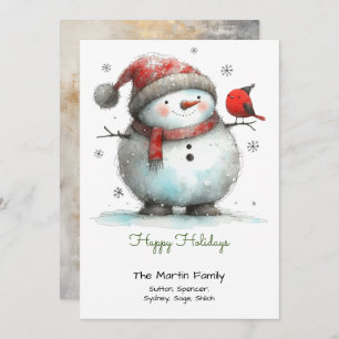 Cartes Pour Fêtes Annuelles Whimsical mignon Snowman et Red Bird Happy