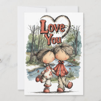 Cartes Pour Fêtes Annuelles Whimsical Pastel Love Couple Drawing