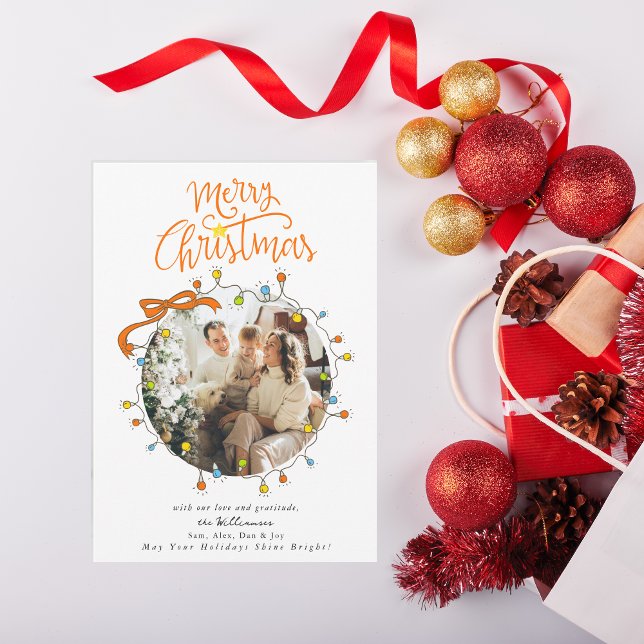 Cartes Pour Fêtes Annuelles Whimsical Photo Pastel Christmas Lights  (Whimsical Photo Pastel Merry Christmas Lights Coquette Red Bow Holiday Card)