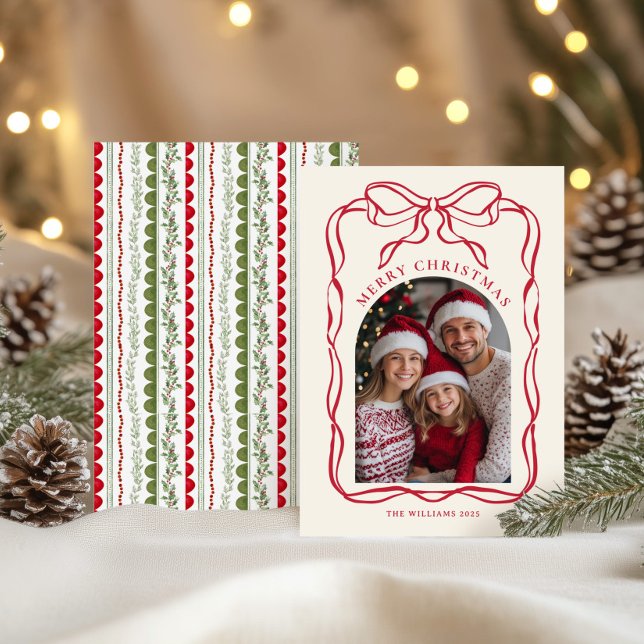 Cartes Pour Fêtes Annuelles Whimsical Red Bow Frame Family Photo Christmas (Créateur téléchargé)