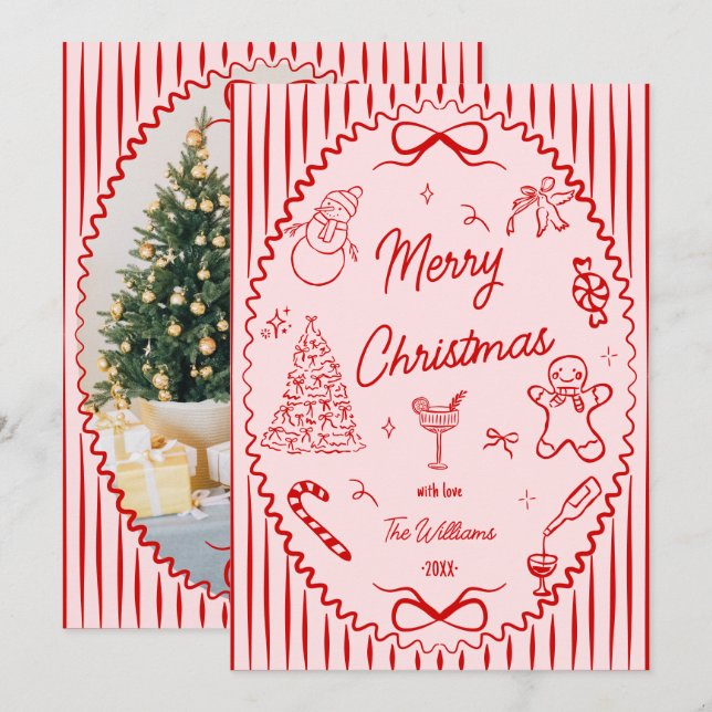 Cartes Pour Fêtes Annuelles Whimsical Red Pink Hand Drawn Christmas Photo  (Devant / Derrière)