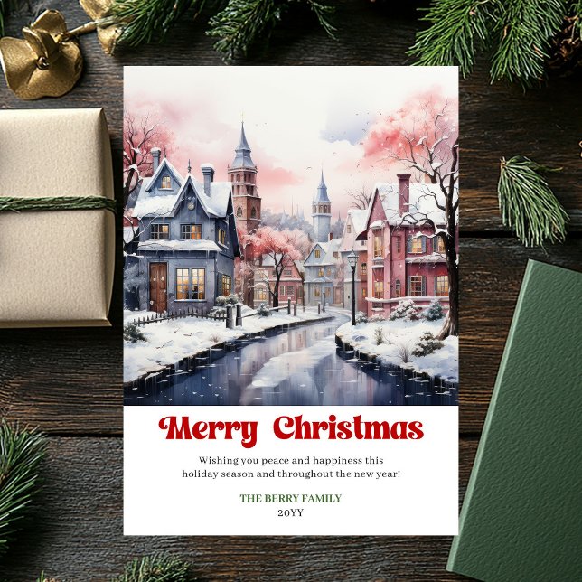 Cartes Pour Fêtes Annuelles Whimsical rustic Christmas scene bright city art  (Whimsical rustic christmas scene bright city artwork)