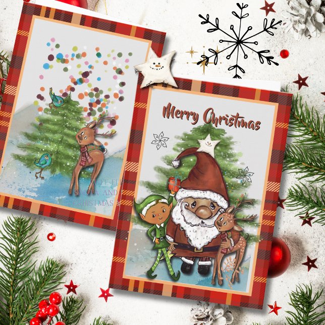 Cartes Pour Fêtes Annuelles Whimsical Santa, Deer & Elf Boy Plaid Christmas (Whimsical Santa, Deer & Elf Boy Plaid Christmas Holiday Card)