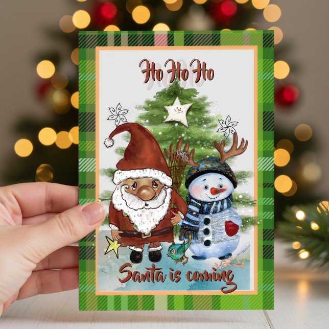 Cartes Pour Fêtes Annuelles Whimsical Santa, Deer & Elf Plaid Christmas Card (Whimsical Santa, Deer & Elf Plaid Christmas Card)