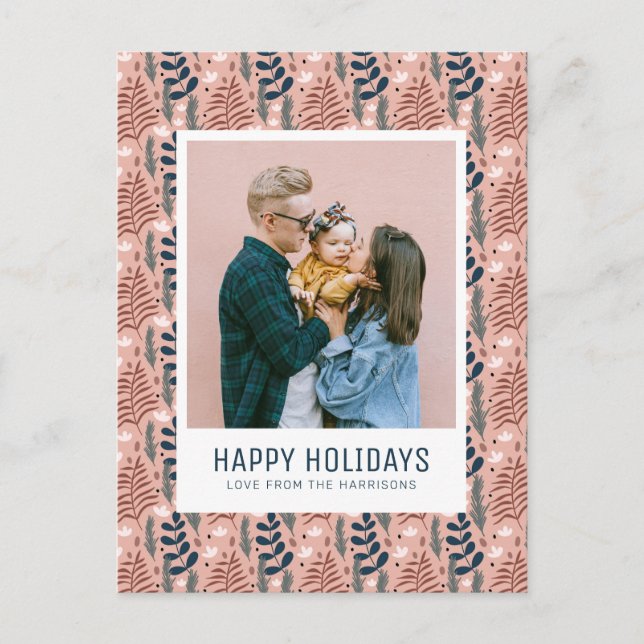 Cartes Pour Fêtes Annuelles Whimsical Scandi Pink Foliage Motif Photo de famil (Devant)