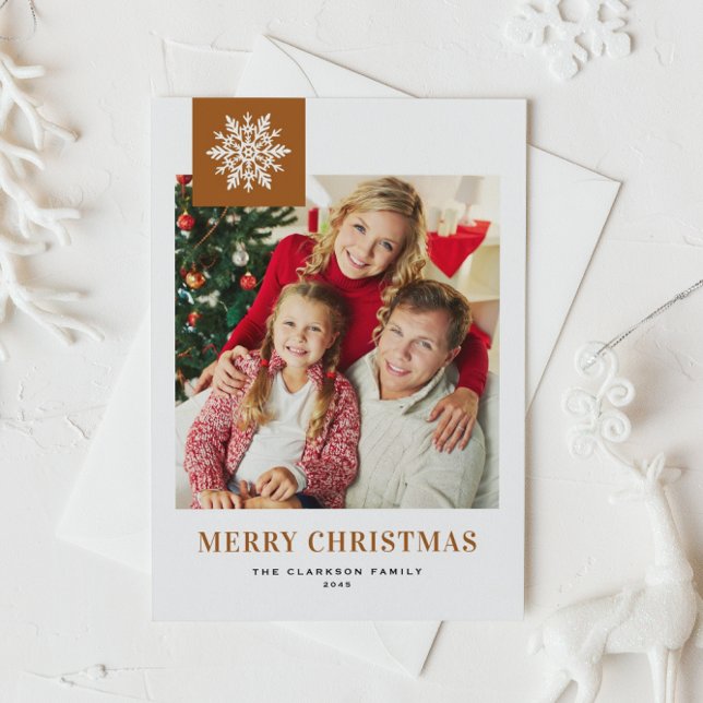 Cartes Pour Fêtes Annuelles Whimsical Snowflake Burnt Orange Christmas Photo (Burnt orange photo Christmas postcard featuring a whimsical white snowflakes.)