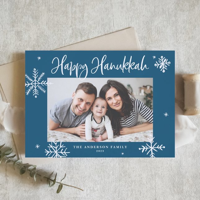 Cartes Pour Fêtes Annuelles Whimsical Snowflakes Blue Happy Hanoukka Photo (Créateur téléchargé)