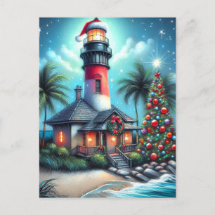 Cartes Pour Fêtes Annuelles Whimsical Tropical Christmas Lighthouse Turquoise