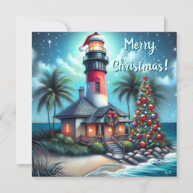 Cartes Pour Fêtes Annuelles Whimsical Tropical Christmas Lighthouse Turquoise  (Devant)