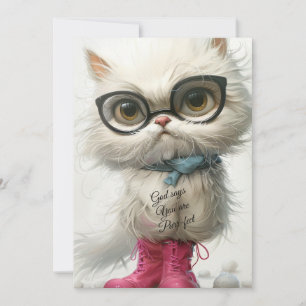 Cartes Pour Fêtes Annuelles Whimsical White Cat, Dieu Dit, "Vous Êtes Purr-Fec