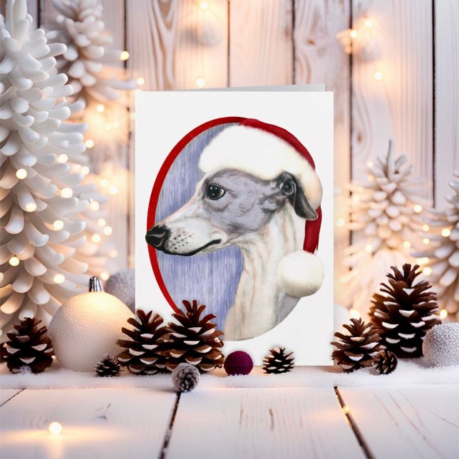 Cartes Pour Fêtes Annuelles Whippet Christmas Blue & White Père Noël (Blue and White Whippet Santa Hat Christmas)