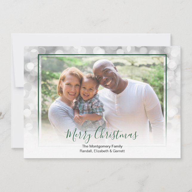 Cartes Pour Fêtes Annuelles White Bokeh Green encadré photo de Noël (Devant)