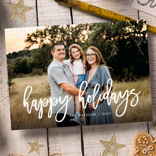Cartes Pour Fêtes Annuelles White Bold Brush Photo de Noël Heureux (Créateur téléchargé)