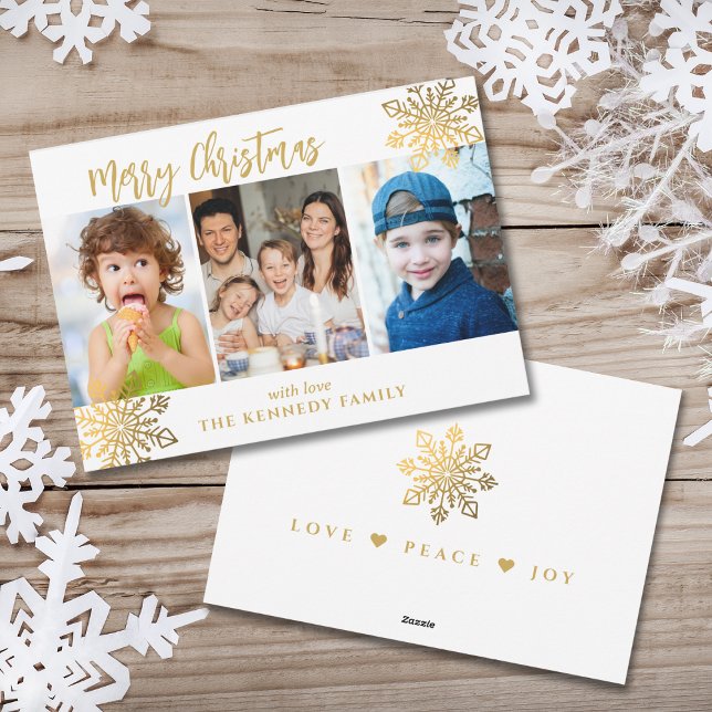 Cartes Pour Fêtes Annuelles White & Gold SnowFlake 3 Photo Collage Noël (Créateur téléchargé)
