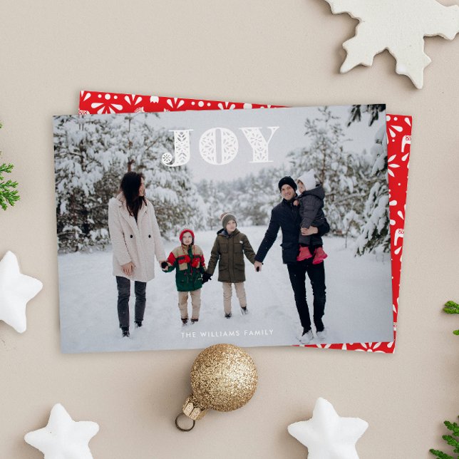 Cartes Pour Fêtes Annuelles White Joy Texte Scandi Folk Art Paysage Photo (white Swedish folk art style JOY Christmas full-bleed photo holiday card)