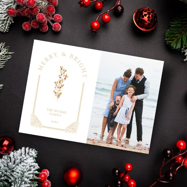 Cartes Pour Fêtes Annuelles White Photo Christmas Botanical Dome Arch (White Christmas Card with Botanical Dome Arch Effect in Faux Gold and Photo with Envelope.)