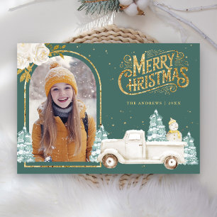 Cartes Pour Fêtes Annuelles White Truck Snowman Gold Photo de Noël Turquoise