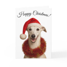 White whippet in Santa hat Christmas Holiday card