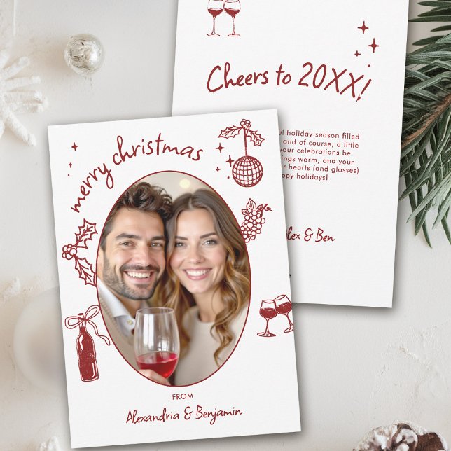 Cartes Pour Fêtes Annuelles Wine Lover Hand-Drawn Whimsical Photo Holiday Card (wine lover holiday christmas photo card drinks hand drawn winery friendsmas)