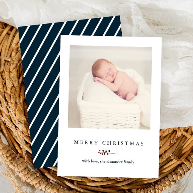 Cartes Pour Fêtes Annuelles Winter Blue Stripes Berries Joyeux Noël Photo (Créateur téléchargé)