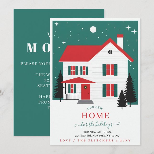Cartes Pour Fêtes Annuelles Winter Christmas New Home for Holidays Moving (Devant / Derrière)