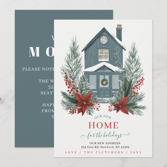 Cartes Pour Fêtes Annuelles Winter Christmas New Home for Holidays Moving (Devant / Derrière)