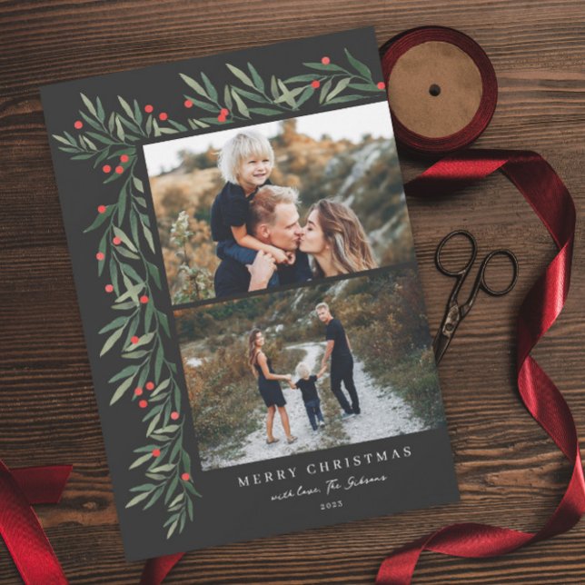 Cartes Pour Fêtes Annuelles Winter Greenery Black 2 Photo Noël (Créateur téléchargé)